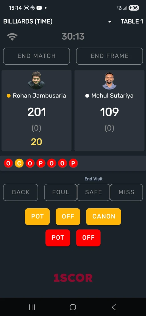 1SCOR mobile app — billiards scoring interface