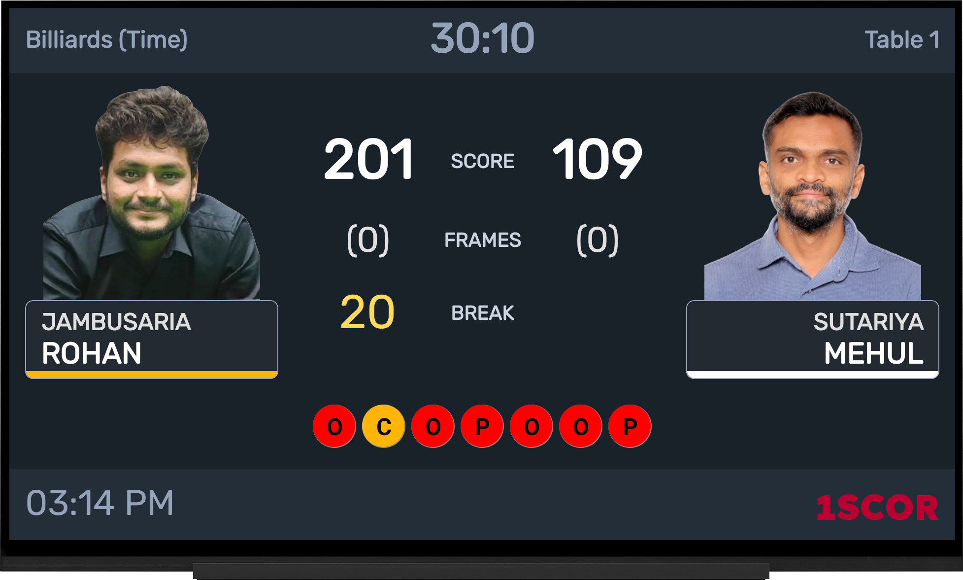 1SCOR TV Display - Billiards Live Scoreboard