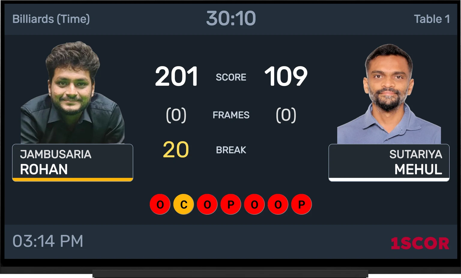 1SCOR TV display — billiards live scoreboard