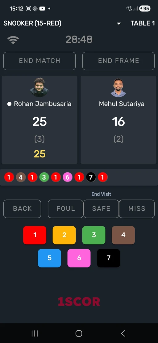 1SCOR mobile app — snooker scoring interface