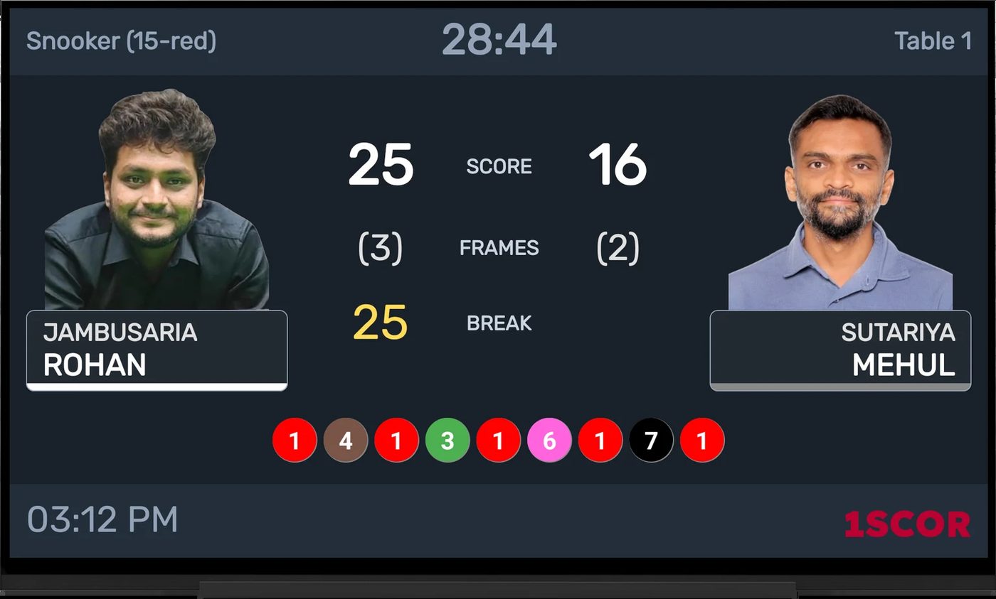 1SCOR arena TV scoreboard during a snooker frame